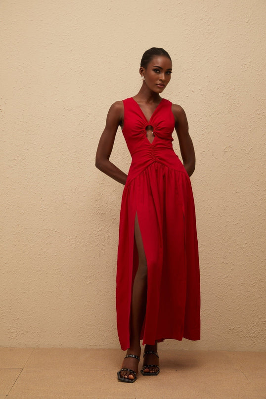 Giovannella Midi Dress in captivating red V-neck sleeveless fitted waistline keyhole ruched pleated skirt side slit rear zip fastening luxurious blend Terylene Spandex modern woman
