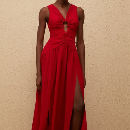 Giovannella Red Midi Dress V-Neck Sleeveless Ruched Detailing Pleated Skirt Side Slit Rear Zip Fastening