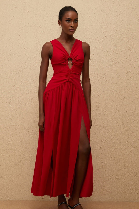 Giovannella Red Midi Dress V-Neck Sleeveless Ruched Detailing Pleated Skirt Side Slit Rear Zip Fastening
