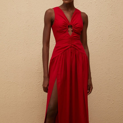 Giovannella Red Midi Dress V-Neck Sleeveless Fitted Waistline Keyhole Ruched Pleated Skirt Side Slit Rear Zip Fastening Luxurious Blend Terylene Spandex Modern Woman