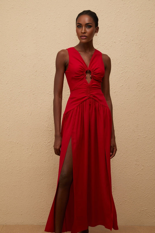 Giovannella Red Midi Dress V-Neck Sleeveless Fitted Waistline Keyhole Ruched Pleated Skirt Side Slit Rear Zip Fastening Luxurious Blend Terylene Spandex Modern Woman