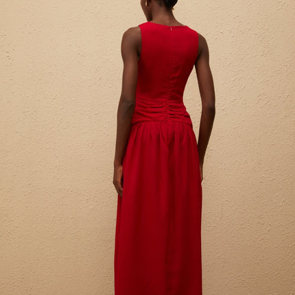 Giovannella Red Midi Dress V-Neck Sleeveless Keyhole Ruched Pleated Skirt Side Slit Rear Zip Fastening Terylene Spandex