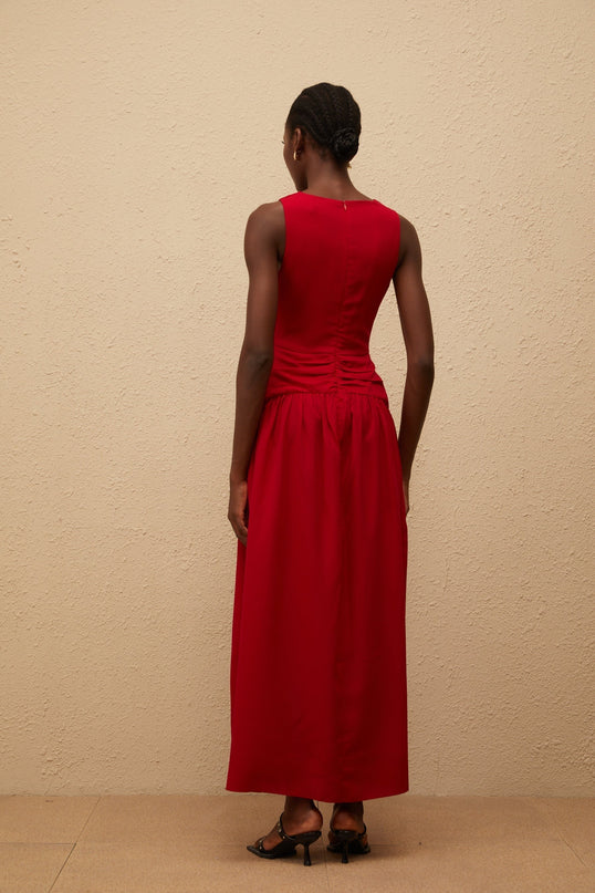 Giovannella Red Midi Dress V-Neck Sleeveless Keyhole Ruched Pleated Skirt Side Slit Rear Zip Fastening Terylene Spandex