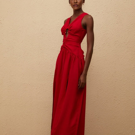 Giovannella Red Midi Dress V-neck Sleeveless Fitted Waistline Keyhole Ruched Detailing Pleated Skirt Side Slit Rear Zip Fastening Luxurious Blend Terylene Spandex