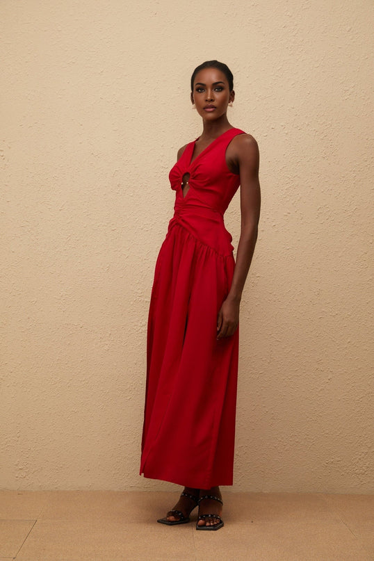 Giovannella Red Midi Dress V-neck Sleeveless Fitted Waistline Keyhole Ruched Detailing Pleated Skirt Side Slit Rear Zip Fastening Luxurious Blend Terylene Spandex