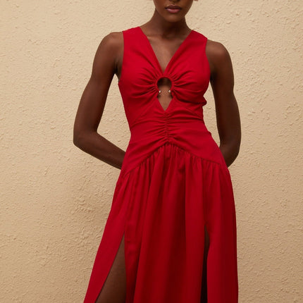 Giovannella Red Midi Dress V-Neck Sleeveless Keyhole Ruched Pleated Skirt Side Slit Zip Fastening Terylene Spandex Blend