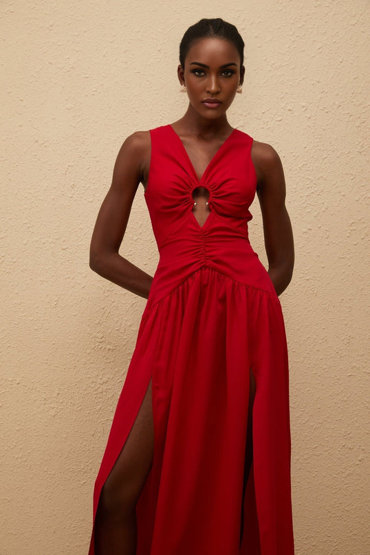 Giovannella Red Midi Dress V-Neck Sleeveless Keyhole Ruched Pleated Skirt Side Slit Zip Fastening Terylene Spandex Blend