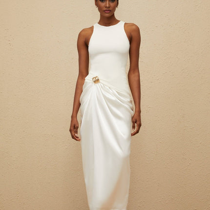 Giovannella White Midi Dress with Decorative Buckle and Ruched Detailing
