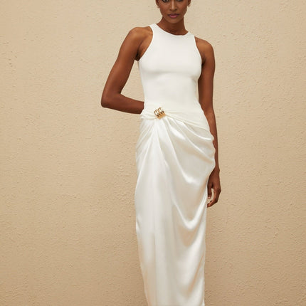 Giovannella White Midi Dress with Decorative Buckle and Ruched Detailing