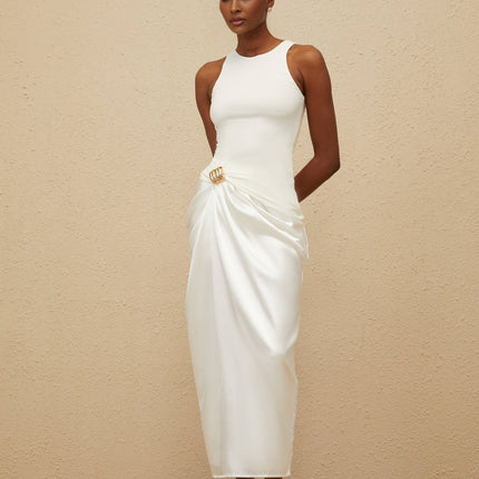 Giovannella White Midi Dress with Decorative Buckle and Ruched Detailing