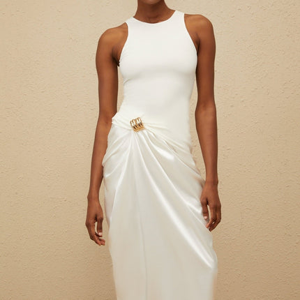 Giovannella White Midi Dress with Decorative Buckle and Ruched Detailing