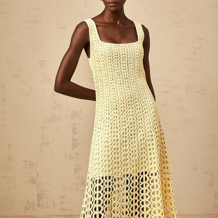 Giovannella Yellow Crochet Knit Midi Dress with Rhinestone Embellishment
