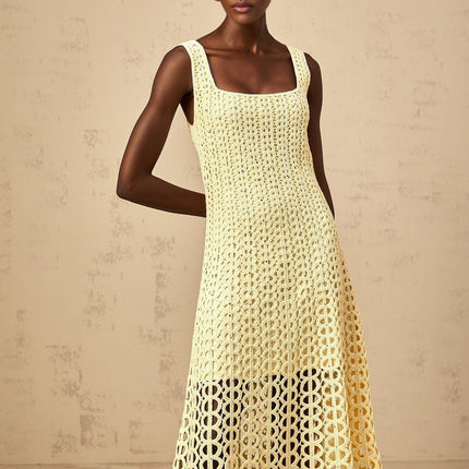 Giovannella Yellow Crochet Knit Midi Dress with Rhinestone Embellishment