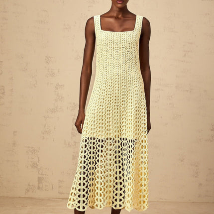 Giovannella Yellow Crochet Knit Midi Dress with Rhinestone Embellishment