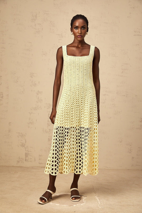 Giovannella Yellow Crochet Knit Midi Dress with Rhinestone Embellishment