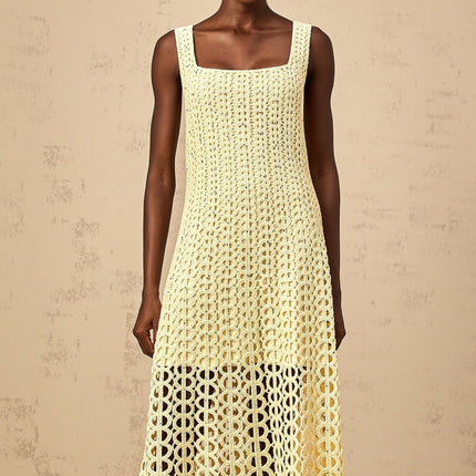 Giovannella Yellow Crochet Knit Midi Dress with Rhinestone Embellishment