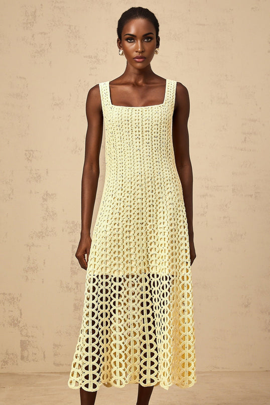 Giovannella Yellow Crochet Knit Midi Dress with Rhinestone Embellishment