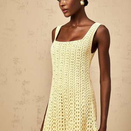 Giovannella Yellow Crochet Knit Midi Dress with Rhinestone Embellishment