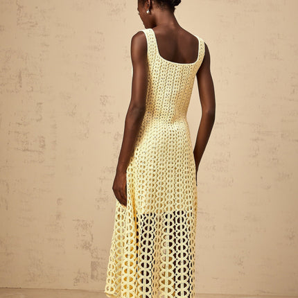 Giovannella Yellow Crochet Knit Midi Dress with Rhinestone Embellishment