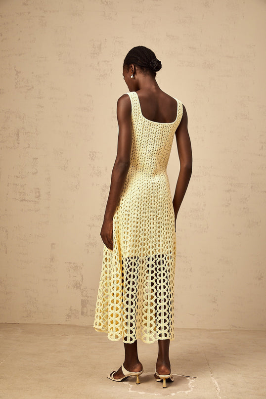 Giovannella Yellow Crochet Knit Midi Dress with Rhinestone Embellishment