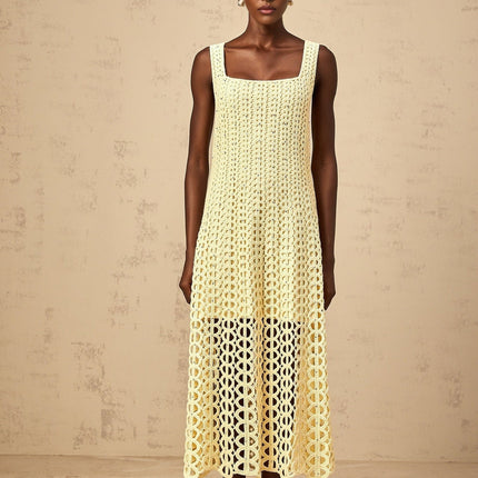 Giovannella Yellow Crochet Knit Midi Dress with Rhinestone Embellishment