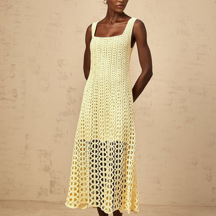 Giovannella Yellow Crochet Knit Midi Dress with Cut-Out Detailing and Rhinestone Embellishment