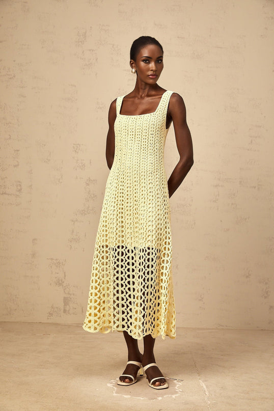 Giovannella Yellow Crochet Knit Midi Dress with Cut-Out Detailing and Rhinestone Embellishment