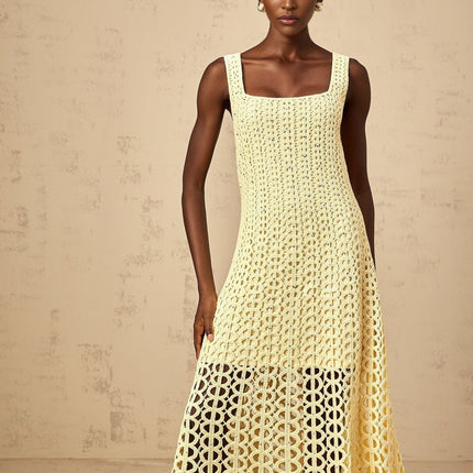 Giovannella Yellow Crochet Knit Midi Dress with Cut-Out Detailing and Rhinestone Embellishment