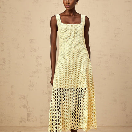 Giovannella Yellow Crochet Knit Midi Dress with Cut-Out Detailing and Rhinestone Embellishment