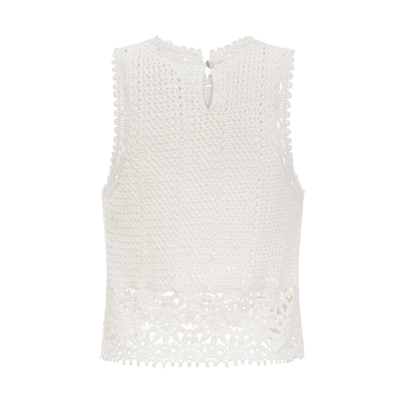 Gisèle White Floral Appliqué Crochet Knit Two-Piece Top and Shorts Set