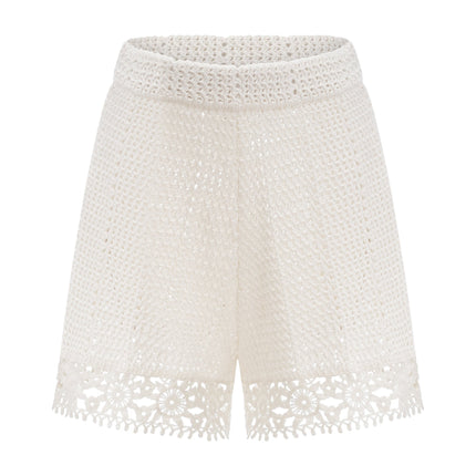 Gisèle White Floral Appliqué Crochet Knit Two-Piece Top and Shorts Set