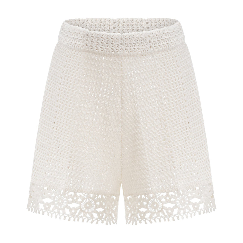 Gisèle White Floral Appliqué Crochet Knit Two-Piece Top and Shorts Set