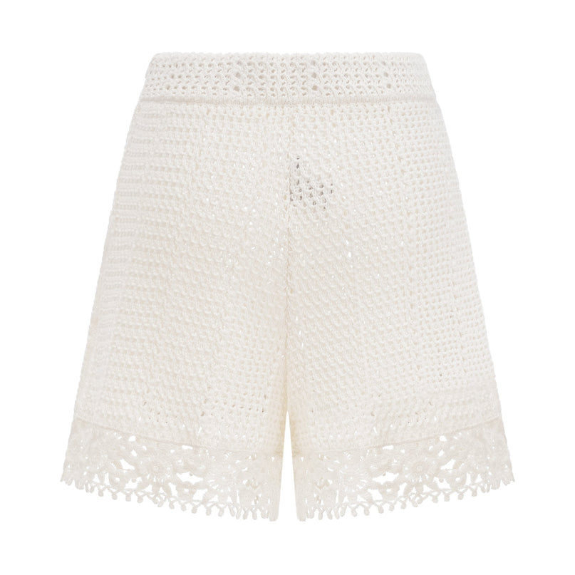 Gisèle White Floral Appliqué Crochet Knit Two-Piece Top and Shorts Set