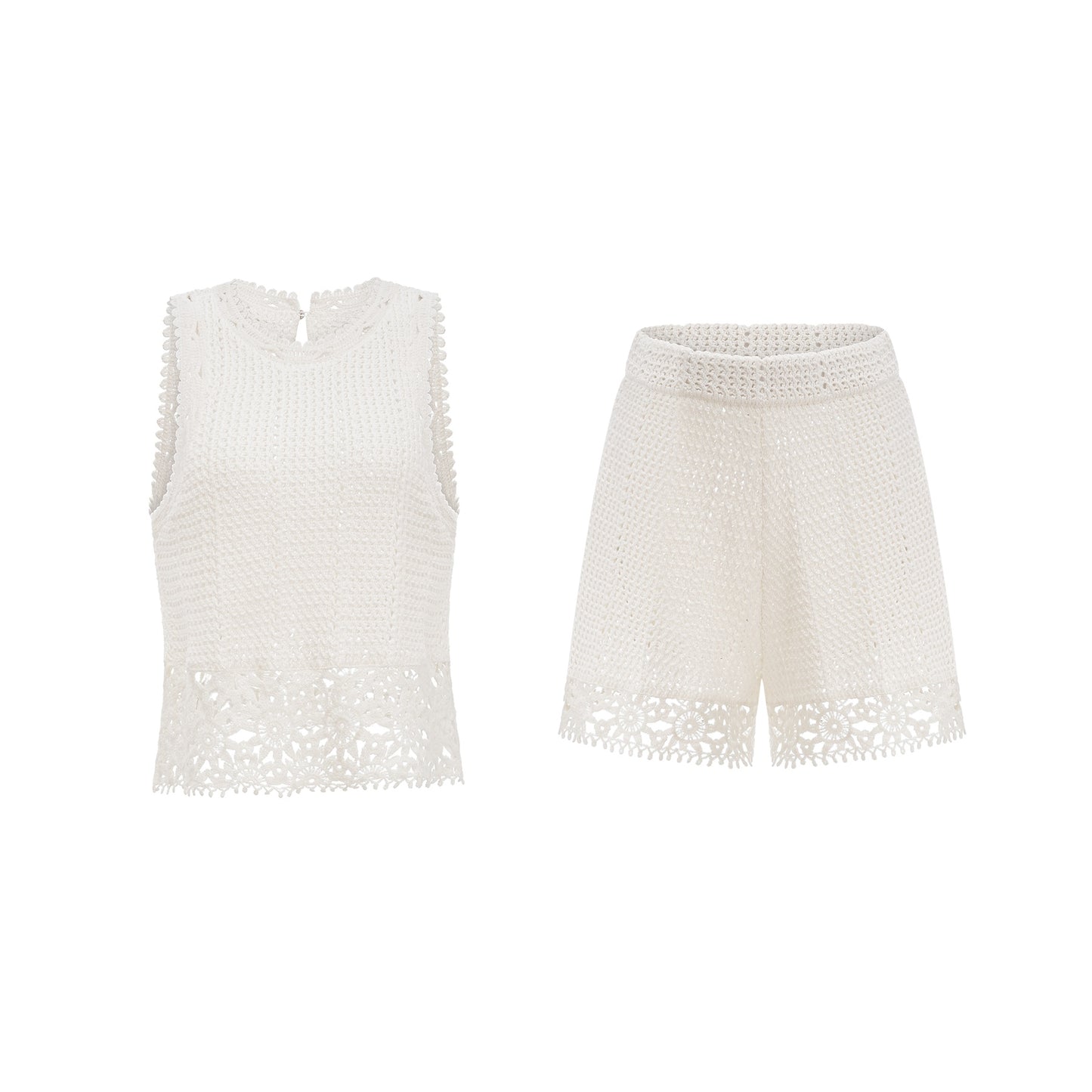 Gisèle White Floral Appliqué Crochet Knit TwoPiece Top and Shorts Set