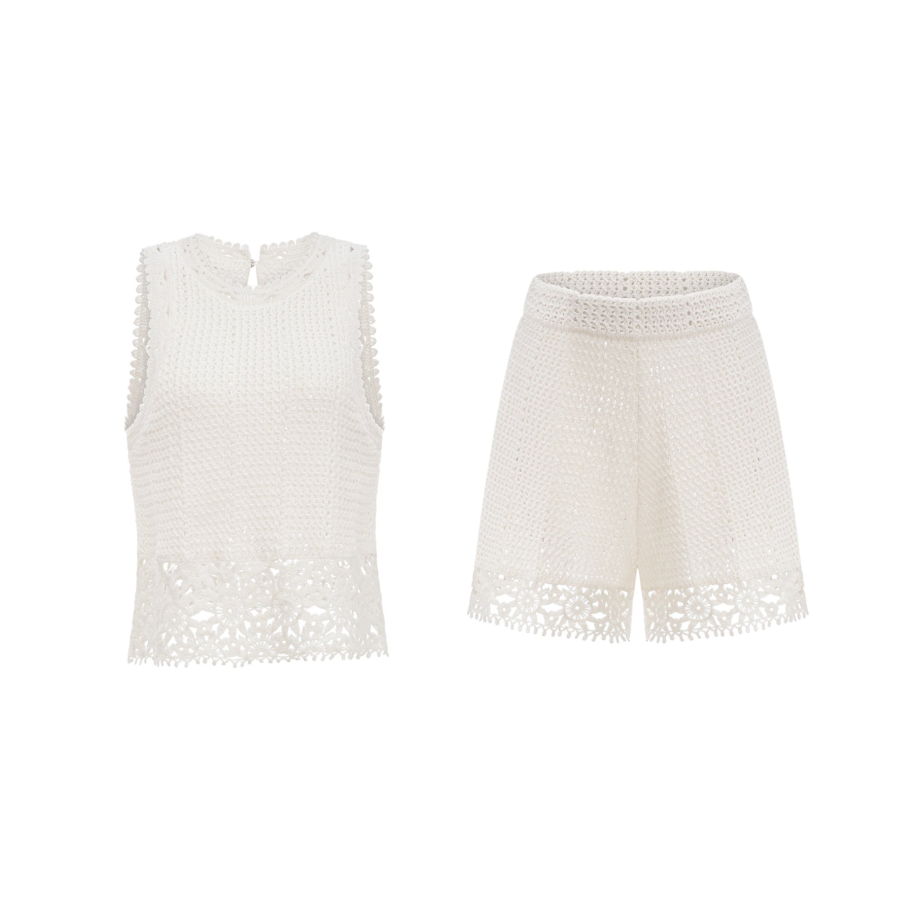 Gisèle White Floral Appliqué Crochet Knit TwoPiece Top and Shorts Set