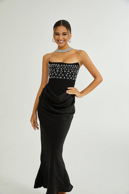 Giselle Black Maxi Dress with Crystal Embellishments Pleated Detailing and Flared Hem