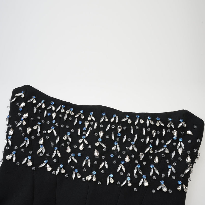 Giselle Black Maxi Dress with Crystal Embellishments Pleated Detailing and Flared Hem