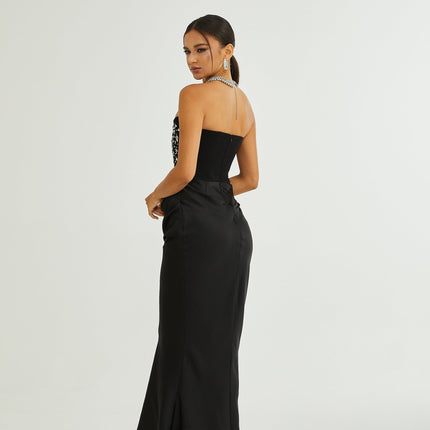 Giselle Black Maxi Dress with Crystal Embellishments Pleated Detailing and Flared Hem