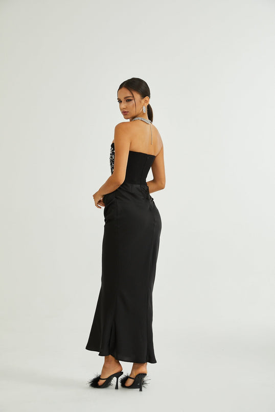 Giselle Black Maxi Dress with Crystal Embellishments Pleated Detailing and Flared Hem