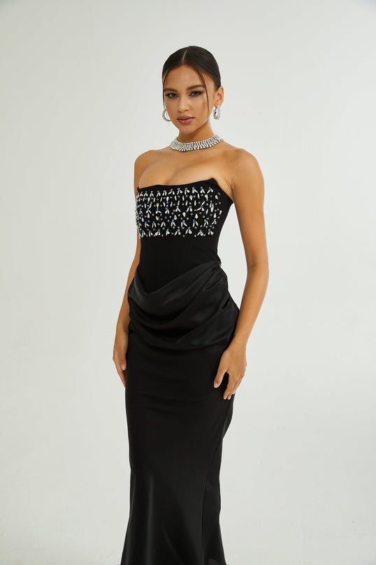 Giselle Black Maxi Dress with Crystal Embellishments Pleated Detailing and Flared Hem