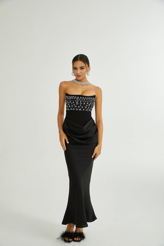 Giselle Black Maxi Dress with Crystal Embellishments Pleated Detailing and Flared Hem