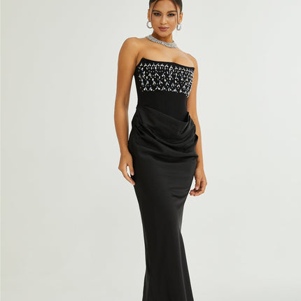 Giselle Black Maxi Dress with Crystal Embellishments Pleated Detailing and Flared Hem