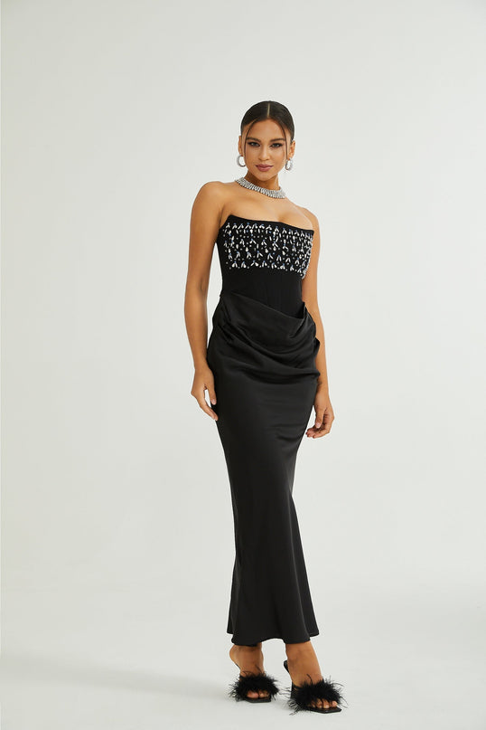 Giselle Black Maxi Dress with Crystal Embellishments Pleated Detailing and Flared Hem