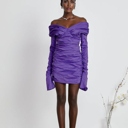 Giselle Black Mini Dress with Off-Shoulder Silhouette and Ruched Detailing