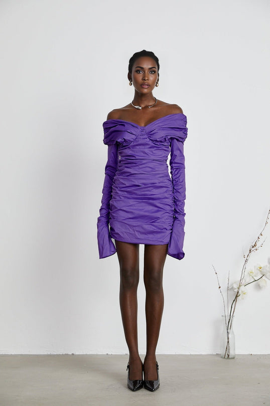 Giselle Black Mini Dress with Off-Shoulder Silhouette and Ruched Detailing