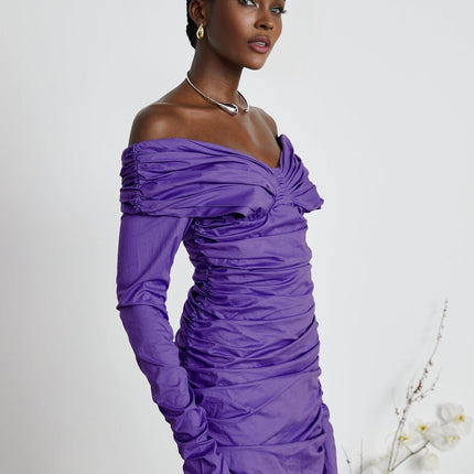 Giselle Black Mini Dress with Off-Shoulder Silhouette and Ruched Detailing