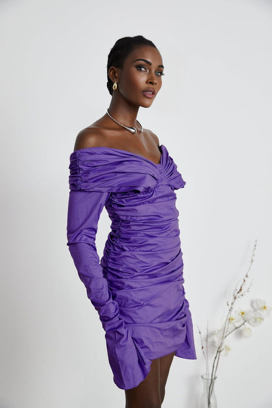 Giselle Black Mini Dress with Off-Shoulder Silhouette and Ruched Detailing