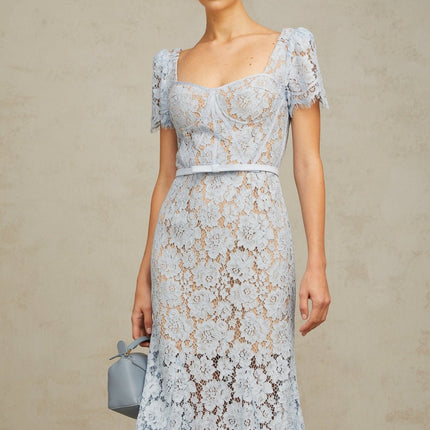 Giselle Blue Floral Lace Midi Dress Sweetheart Neckline Short Sleeves Boned Bodice Belted Waist Scalloped Trim Flared Hem Calf-Length Rear Zip Fastening Half Lined Terylene Fiber