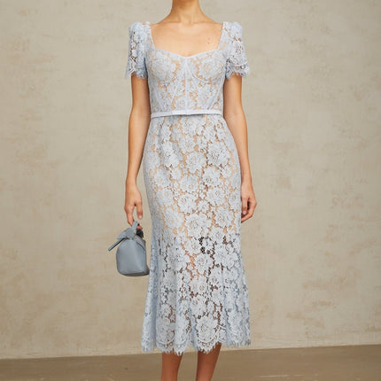 Giselle Blue Floral Lace Midi Dress Sweetheart Neckline Short Sleeves Boned Bodice Belted Waist Scalloped Trim Flared Hem Calf-Length Rear Zip Fastening Half Lined 100% Terylene Fiber