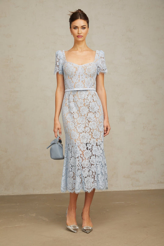 Giselle Blue Floral Lace Midi Dress Sweetheart Neckline Short Sleeves Boned Bodice Belted Waist Scalloped Trim Flared Hem Calf-Length Rear Zip Fastening Half Lined 100% Terylene Fiber